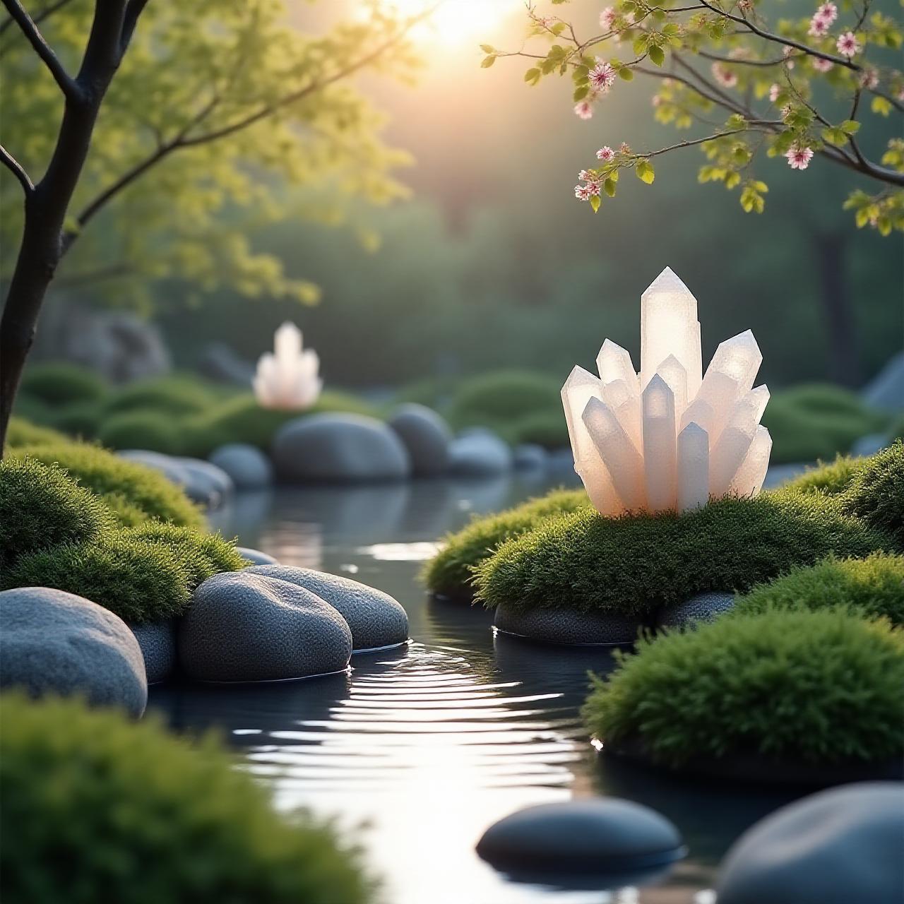 クリスタルと緑が調和した静かな庭の風景