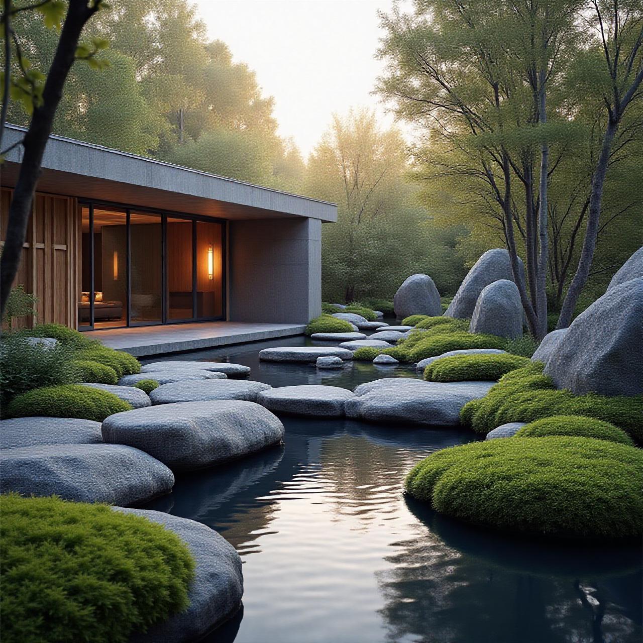 自然石と水場を配したモダンな和風庭園